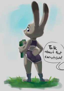 anthro bottle bottomwear bra butt clothed clothing container dialogue dipstick_ears ear_markings female footwear fur grass grey_body grey_fur holding_bottle holding_container holding_object long_ears looking_back midriff multicolored_body multicolored_ears offscreen_character outside plant purple_eyes rear_view scut_tail short_tail shorts simple_background solo sports_bra standing tail text two_tone_body underwear water_bottle thehumancopier disney zootopia judy_hopps lagomorph leporid mammal rabbit digital_media_(artwork) digital_painting_(artwork) english_text painting_(artwork)