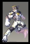 abs anthro black_body black_fur blonde_hair blue_eyes bottomwear clothing digitigrade fur hair male muscular muscular_anthro muscular_male pants solo tail white_body white_bottomwear white_clothing white_pants yellow_eyes wolfmalro vortiganshine canid canine canis mammal wolf absurd_res alpha_channel hi_res