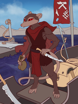 5_fingers anthro bag barefoot boat brown_body brown_fur clothed clothing cloud coin_purse dagger day detailed_background feet fingers flag fur hand_on_hip holding_object holding_purse looking_at_viewer male melee_weapon outside pier pink_nose red_eyes ship solo standing sword tail vehicle water watercraft weapon general-irrelevant warhammer_(franchise) warhammer_fantasy mammal murid murine rat rodent skaven 2023 3:4 hi_res