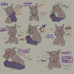 cropped_ears dialogue duo eyeless face_slap feral hair holding_face male power_play powerplay simple_background size_difference slap smile speech_bubble text puppyratcat alien canid canine canis felid feline felis hybrid mammal xog 1:1 english_text hi_res sequence