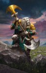 anthro armor axe barefoot bottomwear braided_mane clothing cloud feet fur holding_axe holding_object loincloth male muscular muscular_anthro muscular_male pauldron paws pelvic_curtain rock sky solo white_body white_fur eric_deschamps hasbro magic:_the_gathering wizards_of_the_coast ajani_goldmane felid leonin lion mammal pantherine hi_res official_art