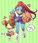 blue_body blue_skin blush bottomwear cheerleader_outfit clothing duo eye_patch eyewear female footwear grin hair male pom_poms raised_arm red_hair shoes simple_background skirt smile socks white_clothing white_footwear white_socks pugthe2ro undertale undertale_(series) frisk_(undertale) undyne animal_humanoid fish fish_humanoid human humanoid mammal marine marine_humanoid hi_res