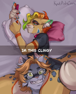 anthro biped breasts caption cellphone claws clothed clothed_anthro clothed_female clothing countershade_torso countershading duo electronics eyewear fangs female finger_claws fingerpads fur glasses green_eyes grin hair head_between_thighs highlights_(coloring) inner_ear_fluff looking_at_viewer lying male markings on_side pawpads phone pillow smile spots spotted_markings tail teeth tuft wearing_glasses katfishcom i'm_this_clingy felid feline mammal serval 2026 colored digital_drawing_(artwork) digital_media_(artwork) hi_res meme signature