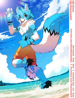 anthro arm_tuft barefoot black_markings blue_body blue_claws blue_fur blue_hair blue_sky blue_tail bottomwear chest_tuft claws clothed clothing cloud digit_ring elbow_tuft fangs feet fluffy_paws fur gesture glistening glistening_eyes hair inner_ear_fluff jewelry looking_at_viewer male markings open_mouth open_smile orange_bottomwear orange_clothing orange_shorts outside pawpads paws ring shorts shoulder_tuft sky smile soles solo splash tail teeth toe_claws toe_ring toes topless tuft water waving waving_at_viewer white_body white_fur white_inner_ear_fluff white_pawpads white_tail penguinexperience vuk ambient_bird canid mammal hi_res
