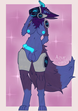 >:3 anthro areola balls blue_areola blue_glans blue_nipples blue_penis bodily_fluids breasts curvy_figure digitigrade ears_down erection finger_on_face fluffy fluffy_tail foreskin fur genital_fluids genitals glans glowing glowing_areola glowing_genitalia glowing_glans glowing_horn glowing_nipples glowing_penis gynomorph hand_behind_back hand_on_face horn humanoid_genitalia humanoid_penis intersex machine nipples penis pivoted_ears precum protogen_armor protogen_visor purple_body purple_fur retracted_foreskin simple_background solo tail azurgyn protogen digital_drawing_(artwork) digital_media_(artwork) hi_res signature