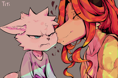 age_difference anthro duo eye_patch eyes_closed eyewear female fur grey_background hair heart_symbol kiss_on_cheek kissing larger_female male male/female older_female orange_body orange_fur red_hair simple_background size_difference smaller_male white_body white_fur white_hair younger_male fetloaf annie_(fetloaf) yuri_(fetloaf) canid canine domestic_cat felid feline felis fox mammal absurd_res hi_res