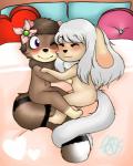 anthro bed blush cuddling duo female flower furniture genitals hug navel nude pillow plant pussy young young_anthro princesky mei_(sirbrownbear) momo_(sirbrownbear) canid canine canis domestic_cat domestic_dog felid feline felis mammal procyonid raccoon