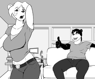 anthro belt bottomwear breasts clothed clothing denim denim_bottomwear denim_clothing duo female gesture hand_gesture jeans male pants sitting thumbs_up sixcolors bear giant_panda mammal 6:5 greyscale monochrome source_request