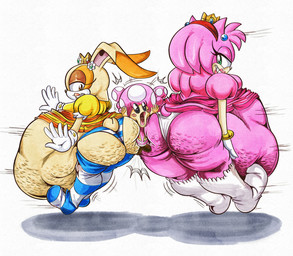 after_vore anthro belly big_belly butt clothing dress female gloves group handwear overweight panties pink_body pink_clothing pink_dress rear_view simple_background trio underwear vore white_background yellow_clothing yellow_dress killboo mario_bros nintendo sega sonic_the_hedgehog_(series) amy_rose cream_the_rabbit princess_daisy princess_peach toadette eulipotyphlan hedgehog lagomorph leporid mammal rabbit 2025 hi_res