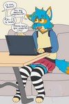 2:3 anthro blue_body blue_fur bottomwear canid canine canis clothing computer domestic_dog electronics femboy fennecat footwear fur furniture generation_4_pokemon hi_res hoodie laptop lucario male mammal nintendo orange_spots owo pokemon pokemon_(species) skirt socks sofa solo spanish_text speech_bubble spots table text topwear translated watermark yellow_eyes òwó