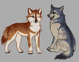 ambiguous_gender brown_body brown_fur duo feral fur green_eyes grey_background grey_body grey_fur multicolored_body multicolored_fur simple_background smile smiling_at_another swirl_pattern white_body white_fur redactedseal wolves_of_the_beyond edme_macheath faolan_macduncan canid canine canis mammal wolf 2024