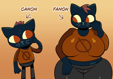 3_fingers 4_fingers anthro big_breasts biped black_bottomwear black_clothing black_pants blue_body blue_fur bottomwear breasts clothed clothed_anthro clothed_female clothing directional_arrow duo eye_contact female female_anthro fingers fully_clothed fully_clothed_anthro fully_clothed_female fur glistening glistening_bottomwear glistening_clothing glistening_pants glistening_shirt glistening_topwear hand_on_cheek legs_together long_sleeve_shirt long_sleeves looking_at_another midriff monotone_clothing monotone_shirt monotone_topwear mouth_closed navel orange_background orange_clothing orange_eyes orange_shirt orange_topwear pants pointy_ears prick_ears print_clothing print_shirt print_topwear shirt simple_background square_crossover standing text thick_thighs topwear whiskers yellow_sclera yellow_whiskers someth1ngoranother night_in_the_woods mae_borowski domestic_cat felid feline felis mammal 2026 digital_drawing_(artwork) digital_media_(artwork) english_text hi_res