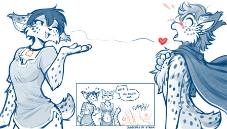 anthro biped blowing_kiss blush bottomwear breasts butt cape cape_only chest_tuft clothed clothed_anthro clothed_female clothed_male clothing collar collar_of_keidranification dialogue digitigrade fainting female fully_clothed fully_clothed_anthro fully_clothed_female fur group hair heart_symbol humor male markings midriff mostly_nude navel nude_male shocked simple_background smile spots spotted_body spotted_fur spotted_markings spotted_tail tail tail_markings teeth text tongue topwear trio tuft white_background conditional_dnp tom_fischbach twokinds alice_reed prince_sorrel felid feline keidran lynx mammal 2026 7:4 comic digital_drawing_(artwork) digital_media_(artwork) english_text hi_res monochrome sketch spot_color