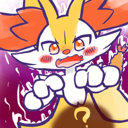ambiguous_anthro ambiguous_gender anthro biped cute_fangs dutch_angle fangs food object_in_tail open_mouth question_mark shrimp_(food) simple_background solo tail teeth tongue wavy_mouth annyui0611 nintendo pokemon braixen canid generation_6_pokemon mammal pokemon_(species) 1:1 2025 digital_drawing_(artwork) digital_media_(artwork) half-length_portrait hi_res japanese_description portrait translated_description