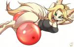 anthro balloon balloon_between_legs barefoot big_butt blush bottomwear breasts brown_nose butt clothing feet female green_eyes hair inflatable object_between_legs panties shirt simple_background smile solo tank_top thick_thighs thigh_crush toes topwear underwear kittellox_(artist) blanche_(kittellox) canid canine fox mammal