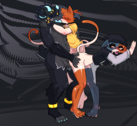 anklet anthro beanie bent_over black_beanie black_body black_clothing black_eyeshadow black_fur black_hat black_headwear blue_horn blue_tongue bottomless bottomless_anthro bottomless_female choker clothed clothing dreadlocks eyeshadow female ffm_threesome french_kissing fur genitals group hat headgear headwear horn jewelry kissing makeup male male/female multicolored_body multicolored_fur necklace sex shirt skinny_anthro skinny_female slim standing standing_sex t-shirt tail tongue tongue_out topwear trio vulva sinnerbuns epic_games fortnite cate_meowdy meow_skulls bovid calico_cat caprine domestic_cat felid feline felis goat mammal absurd_res hi_res