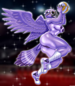 anthro basketball beak blurred_background clothing eyewear feathered_wings feathers female footwear glasses legwear mostly_nude nipples open_mouth purple_body purple_feathers purple_nipples shoes solo tail tail_feathers wings yellow_eyes heartlessangel3d wnba violet_(golden_state_valkyries) avian bird corvid corvus_(genus) oscine passerine raven absurd_res hi_res