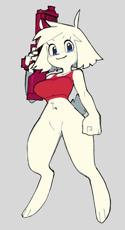 3_toes alternate_species anthro barefoot blue_eyes bottomless bottomless_female clothed clothing covered_breasts digitigrade featureless_crotch feet female fur gun partially_clothed ranged_weapon red_clothing red_shirt red_tank_top red_topwear shirt solo tank_top toes topwear weapon white_body white_fur wamudraws cave_story curly_brace lagomorph mammal mimiga 2021 digital_media_(artwork) hi_res