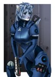 anthro armor blue_body blue_eyes blue_fur blue_hair blue_spots blush border detailed_background female female_anthro fur furgonomics grey_body grey_fur grey_hair gun hair handgun holding_gun holding_handgun holding_object holding_pistol holding_ranged_weapon holding_weapon open_mouth pistol ranged_weapon rifle science_fiction spacesuit spots standing tail tail_armor teeth thigh_belt weapon white_body white_border white_fur dimaru bioware electronic_arts mass_effect microsoft the_elder_scrolls m'ria_(maks_hunt) felid khajiit mammal pantherine snow_leopard 2025 digital_media_(artwork) hi_res