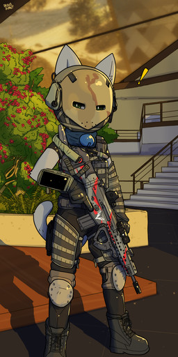 :o anthro black_nose building clothed clothed_anthro clothed_male clothing detailed_background exclamation_point fully_clothed fully_clothed_anthro fully_clothed_male fur green_eyes grey_body grey_fur gun holding_gun holding_object holding_ranged_weapon holding_weapon house kemono male mask military_uniform open_mouth outside plant ranged_weapon shrub solo uniform weapon bravobunny domestic_cat felid feline felis mammal full-length_portrait hi_res portrait