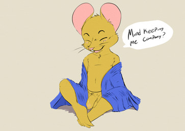 anthro balls blush buckteeth clothing dialogue flaccid foreskin genitals humanoid_genitalia humanoid_penis male open_mouth penis pubes sitting solo spread_legs spreading teeth undressing unretracted_foreskin twerpishimp mammal mouse murid murine rodent absurd_res hi_res