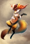 ambiguous_gender anthro bard chest_tuft clothing cloud flying fur hat headgear headwear inner_ear_fluff lute musical_instrument orange_eyes oud outside plucked_string_instrument pupils simple_background sky skyscape slit_pupils smile solo string_instrument tuft eldrige nintendo pokemon braixen canid canine generation_6_pokemon mammal pokemon_(species)