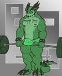 2018 abs abstract_background absurd_res anthro azu_cacti barazoku barbell bodily_fluids body_writing bracelet bulge clothed clothing deadlift digitigrade dragon ear_piercing ear_ring english_text exercise hi_res horn jewelry male muscular muscular_anthro muscular_male mythological_creature mythological_scalie mythology navel nightterror nipples pecs piercing quads reptile ring_piercing scalie simple_background solo spiked_bracelet spikes standing sweat tail text text_on_body underwear underwear_only weightlifting weights workout writing_on_chest