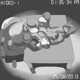 anal anthro balls camera_view clothing duo erection eye_patch eyewear forced furniture gag gagged genitals hair hands_behind_back humanoid_genitalia humanoid_penis interspecies male male/male male_penetrated male_penetrating male_penetrating_male necktie oral penetration penis recording reverse_forced_oral rimming sex spread_legs spreading table uniform munkeesgomu brush_(benju) munks_(munkeesgomu) canid canine canis domestic_cat domestic_dog felid feline felis mammal pomeranian spitz 1:1 2013 greyscale hi_res monochrome