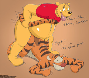 anthro belly belly_expansion belly_inflation big_belly bottomless close_to_bursting clothed clothing cudcaore_(artist) expansion inflation male male/male navel outie_navel penetration plush_stuffing plushie ripped_seam sex shirt text topwear cudacore disney winnie_the_pooh_(franchise) pooh_bear tigger animate_inanimate living_plushie english_text hi_res