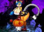 anthro big_breasts black_nose blue_eyes blue_hair bottomwear breasts clothed clothing cosplay duo female food footwear fruit fully_clothed glowing glowing_eyes hair holidays navel nipple_outline open_mouth plant pumpkin shoes size_difference skirt smile standing thick_thighs tombstone wide_hips wings dracojeff final_fantasy final_fantasy_vii halloween square_enix able_ellis tifa_lockhart canid canine fox mammal moogle 2019 4:3