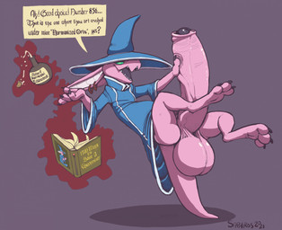 3_toes 4_fingers anthro balls balls_expansion big_balls big_penis black_claws black_glans blue_clothing blue_hat blue_headwear blue_robe book bottomless claws clothed clothing digitigrade ear_piercing ear_ring erection exclamation_point expansion feet finger_claws fingers flesh_fang foreskin genital_expansion genitals glans green_eyes hand_on_own_penis hand_on_penis hat headgear headwear huge_balls huge_penis humanoid_genitalia humanoid_penis hyper hyper_balls hyper_genitalia hyper_penis leaning leaning_backward levitation long_ears looking_at_viewer magic_user male open_mouth open_smile partially_retracted_foreskin penis penis_expansion piercing pink_balls pink_body pink_penis pink_skin potion potion_bottle purple_background reading reading_book ring_piercing robe sharp_teeth side_view simple_background smile solo speech_bubble tail talking_to_viewer teeth telekinesis text toe_claws toes tongue vein veiny_penis wizard_hat year saphiros kobold scalie 2021 digital_media_(artwork) english_text signature