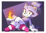 anthro border clothing female fire fur gloves hair handwear looking_at_viewer ponytail purple_body purple_fur simple_background sitting smile solo white_body white_border white_fur yellow_eyes h_huniii sega sonic_the_hedgehog_(series) blaze_the_cat felid feline mammal 2021 hi_res signature