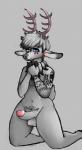 anthro antlers balls biped erection femboy fur genitals hair horn humanoid_genitalia humanoid_penis male nude penis simple_background smile solo white_body white_fur vrisoka epsilon_(akukeke) cervine deer elk mammal digital_media_(artwork) hi_res