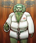 5_fingers anthro balls bathrobe clothed clothing dialogue fangs fingers genitals glans green_balls green_body green_mane green_penis humanoid_genitalia humanoid_penis ineffective_clothing male mane musclegut muscular penis robe solo teeth text daxhush chulip leo_(chulip) elemental_creature felid lion mammal mineral_fauna pantherine english_text