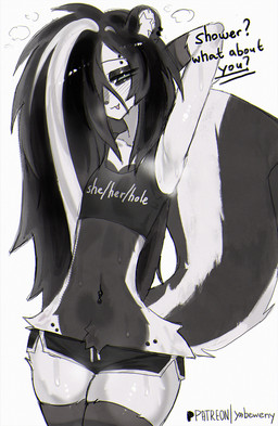 anthro armpit_fetish armpit_sniffing belly_piercing black_body black_clothing black_eyelids black_fur black_hair black_shirt black_topwear blush bodily_fluids bottomwear clothing dolphin_shorts eyebrow_piercing facial_piercing female flat_chested fluffy fur green_eyes hair hair_over_eye hip_piercing legwear long_hair looking_at_viewer multicolored_body multicolored_hair piercing shirt shorts slim smile sniffing solo stockings sweat text text_on_clothing thigh_highs topwear two_tone_body two_tone_hair white_body white_fur wide_hipped_female yabeweny michelle_(yabeweny) mammal mephitid skunk 2026 digital_media_(artwork) hi_res portrait three-quarter_portrait