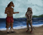 absurd_res anthro arthropod beach claws clothing cloud duo equid equine hi_res hill hooves horse horseshoe_crab landscape male mammal mane marine multi_arm multi_limb prompt sand sea sky speedo swimming_trunks swimwear water wave yenocwolf