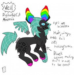 ambiguous_gender digital_bat_cat feral hologram_hair hologram_tail hologram_wings machine multicolored_ears rainbow_ears solo text changelingcritter veil_(changelingcritter) android robot english_text hi_res