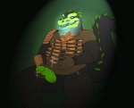 anthro balls belly big_balls black_body bodily_fluids bone clothing cum erection genital_fluids genitals glowing grin male musclegut muscular neon_lights non-mammal_balls nude overweight overweight_anthro overweight_male penis skeleton skull slightly_chubby smile solo suit tail revadiehard dead_space electronic_arts visceral_games marvol alligator alligatorid crocodilian reptile scalie 2012 hi_res