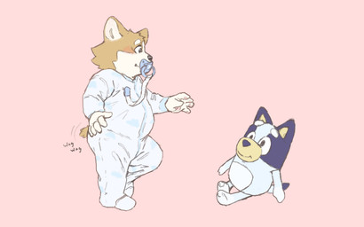 anthro brown_body brown_fur clothing fur male neonate object_in_mouth onesie pacifier pacifier_clip pacifier_in_mouth pink_background plushie simple_background solo standing tail tail_motion tailwag toddler young young_anthro young_male fluffypamps bluey_(series) bluey_heeler corey_(fluffypamps) canid canine canis domestic_dog herding_dog mammal pastoral_dog welsh_corgi 16:10 widescreen