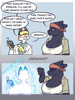 anthro bandana_on_head big_breasts black_body bodily_fluids breasts clothed clothing dialogue duo female holding_object melanistic orange_body speech_bubble sweat sweaty_breasts text time_travel time_traveler topwear yellow_sclera aabramsart canid canine felid fox mammal pantherine absurd_res comic english_text hi_res