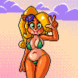 5_fingers accessory anthro big_breasts bikini bikini_bottom bikini_top blonde_hair blue_flower breasts camel_toe clothing curvy_figure female fingers flower flower_in_hair fur gesture gradient_background green_bikini green_bikini_bottom green_bikini_top green_clothing green_eyes green_swimwear hair hair_accessory hand_gesture hourglass_figure looking_at_viewer navel orange_body orange_fur plant pose posing_for_picture simple_background smile solo sunset swimwear thigh_gap two-piece_swimsuit v_sign astropixels activision crash_bandicoot_(series) coco_bandicoot bandicoot mammal marsupial 1:1 digital_media_(artwork) pixel_(artwork)