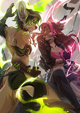 anthro bandeau big_breasts black_body black_fur black_hair bra breasts brown_hair clothed clothed_anthro clothed_female clothing duo eye_contact fangs female fight fluffy fluffy_tail fur gloves green_eyes green_highlights green_markings hair handwear highlights_(coloring) jacket long_hair looking_at_another markings multicolored_body multicolored_fur multicolored_hair pink_bra pink_clothing pink_eyes pink_highlights pink_sports_bra pink_underwear sabertooth_(anatomy) sports_bra spots spotted_body spotted_fur tail tan_body tan_fur teeth topwear two_tone_hair underwear kammi-lu jade_faircrest zaide_(ashkelling) canid canine felid feline fox lynx mammal 2026