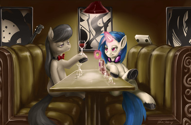 alcohol beverage beverage_can black_hair blue_hair bow_(feature) bow_tie bowed_string_instrument cello container cup cutie_mark drinking_glass duo eyewear female food glass glass_container glass_cup glasses hair half-closed_eyes hooves horn magic multicolored_hair musical_instrument narrowed_eyes purple_eyes red_eyes shot_glass string_instrument tail two_tone_hair wine wine_glass aphexangel friendship_is_magic hasbro my_little_pony mythology octavia_(mlp) vinyl_scratch_(mlp) earth_pony equid equine horse mammal mythological_creature mythological_equine pony unicorn 2012