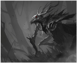 ambiguous_gender anthro antlers bone forest forest_background glowing glowing_eyes horn nature nature_background plant red_eyes skull skull_head solo tree augusto_kayali humanoid leshen