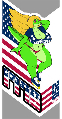 american_flag anthro bedroom_eyes big_breasts blonde_hair bottomwear breasts clothing curvy_figure eyeshadow female footwear green_body green_lips green_scales hair hand_behind_head holidays huge_breasts lips makeup multicolored_body multicolored_scales narrowed_eyes navel non-mammal_breasts non-mammal_navel roller_skates scales seductive solo text thick_thighs topwear two_tone_body two_tone_scales united_states_of_america voluptuous_anthro voluptuous_female wide_hips yellow_eyes vdisco 4th_of_july us_semiquincentennial tamsey_(vdisco) crocodile crocodilian reptile scalie 2026 digital_media_(artwork) english_text hi_res