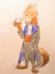 anthro apple barefoot biped bottomwear clothed clothing coat dipstick_tail feet food fruit fully_clothed fur hand_in_pocket holding_food holding_object male markings multicolored_tail orange_body orange_fur pants plant pockets solo standing tail tail_markings topwear mortic_ox disney zootopia nick_wilde canid canine fox mammal red_fox true_fox 2016 3:4