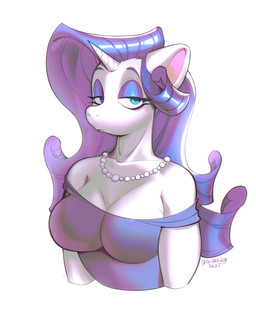 anthro anthrofied blue_eyes breasts cleavage clothed clothing eyebrows eyelashes eyeshadow female hair half-closed_eyes horn jewelry long_hair makeup narrowed_eyes necklace purple_hair solo white_body gobithedog friendship_is_magic hasbro my_little_pony mythology rarity_(mlp) equid equine mammal mythological_creature mythological_equine unicorn 2025 hi_res signature
