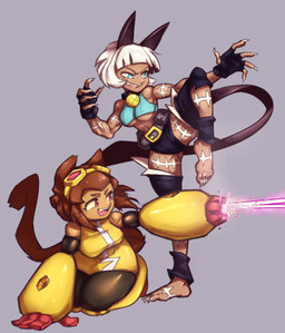 anthro arm_cannon belt blue_eyes bob_cut bottomwear breasts brown_body brown_hair clothing crop_top dark_body dark_skin duo eyebrows eyelashes eyewear eyewear_on_head feet female fingerless_gloves gloves goggles goggles_on_head hair handwear kneeling magenta_eyes one_leg_up open_mouth open_smile raised_leg scar shirt shorts smile topwear weapon_arm whiskers white_hair yellow_sclera awoooooga gameoverse glitch_productions skullgirls kit_bodega nadia_fortune animal_humanoid cat_humanoid domestic_cat felid felid_humanoid feline feline_humanoid felis humanoid mammal mammal_humanoid 2026 crossover hi_res