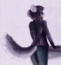 abstract_background anthro bottomwear clothing denim denim_bottomwear denim_clothing dress ear_piercing female gloves handwear jeans pants piercing purple_clothing purple_dress rear_view simple_background solo studs tail tattoo mitsene chinchilla chinchillid mammal rodent 2010 colored_sketch sketch