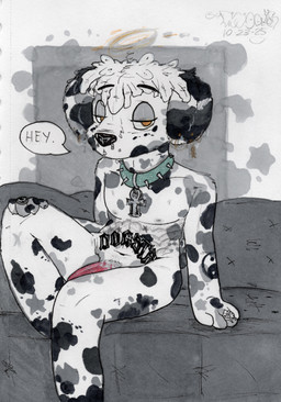 anthro belly_tattoo collar cross dialogue ear_piercing facial_piercing furniture genitals jewelry looking_at_viewer male nose_piercing nude on_sofa penis piercing ring septum_piercing simple_background sitting sitting_on_sofa sofa solo speech_bubble spiked_collar spikes tattoo text mootsncompany eion_(mootsncompany) canid canine canis dalmatian domestic_dog mammal english_text hi_res sketch traditional_media_(artwork)